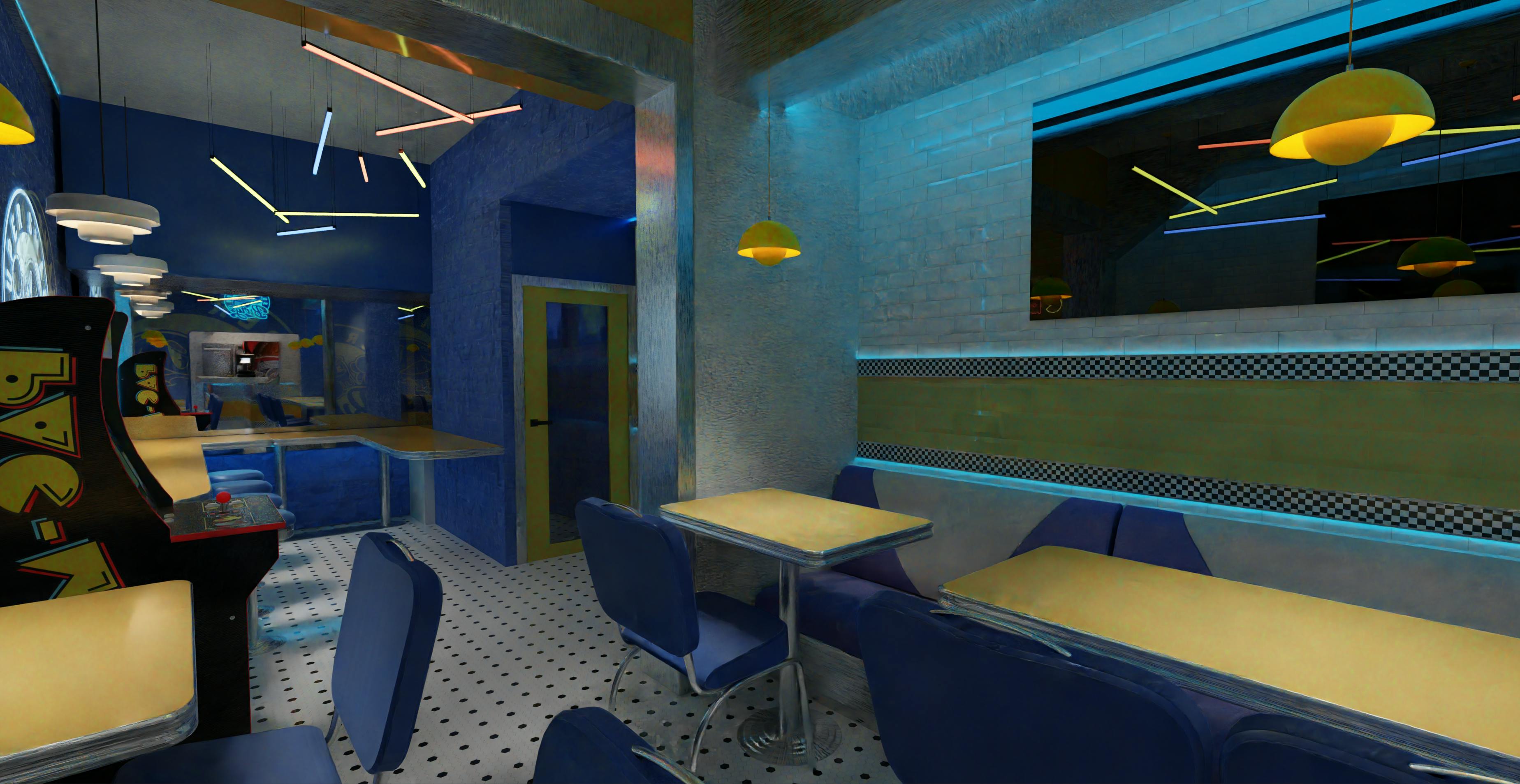 Colorful dining area featuring mixed seating, playful brand graphics, and a lively street-inspired aesthetic.