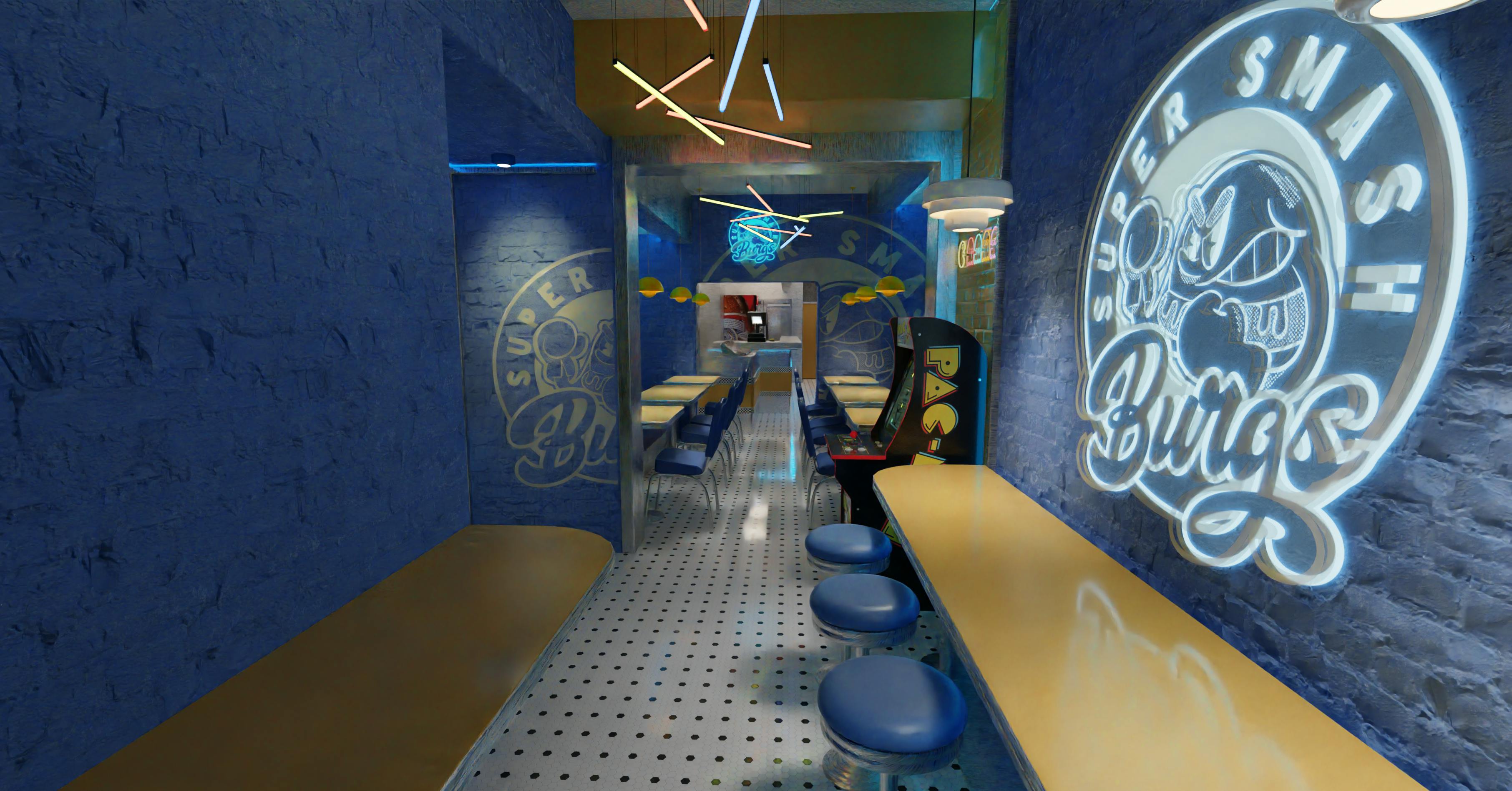 Colorful dining area featuring mixed seating, playful brand graphics, and a lively street-inspired aesthetic.