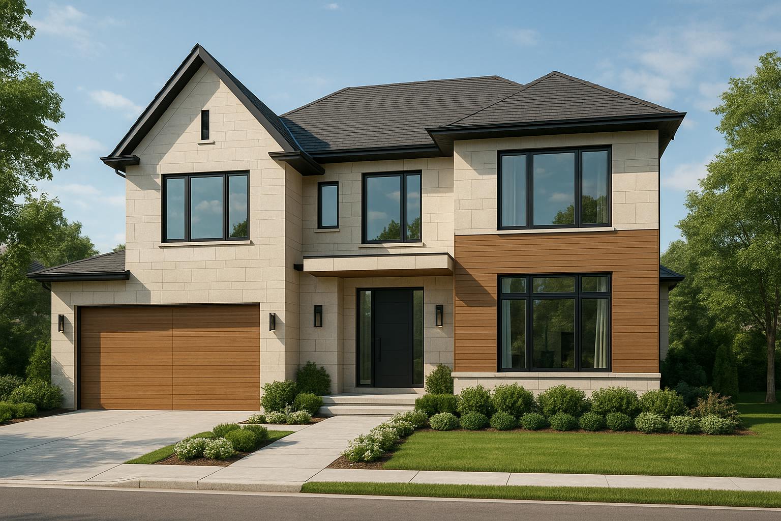 A refreshed exterior with clean architectural lines, updated siding, and warm accent lighting, giving the Armitage home a modern, welcoming curb appeal.
