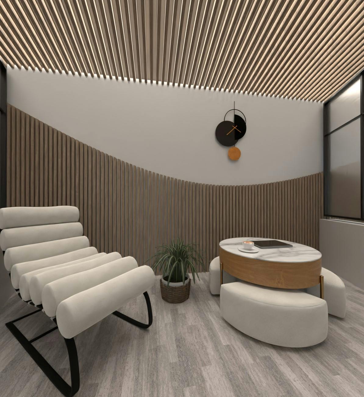 Comfortable waiting area with cozy seating, natural lighting, and a calm, welcoming atmosphere for clients before their appointments.