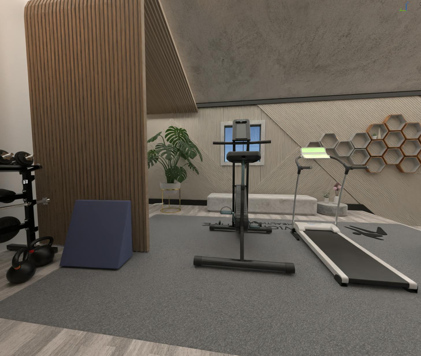 Bright fitness area equipped with workout machines, open space, and clean contemporary finishes for physical therapy exercises.