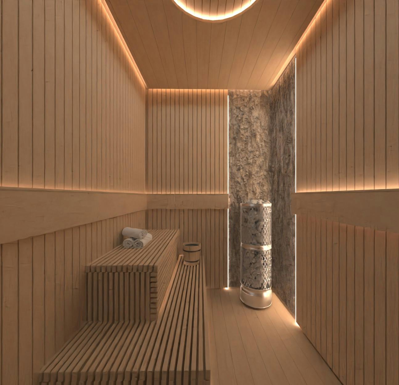 Modern sauna room with wooden benches, ambient lighting, and a clean minimalist design for therapeutic heat sessions.