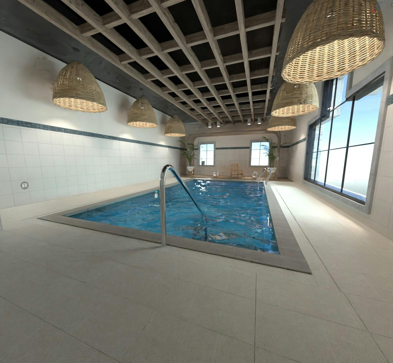 Indoor therapy pool with clear water, surrounding safety rails, and serene design for aquatic rehabilitation.