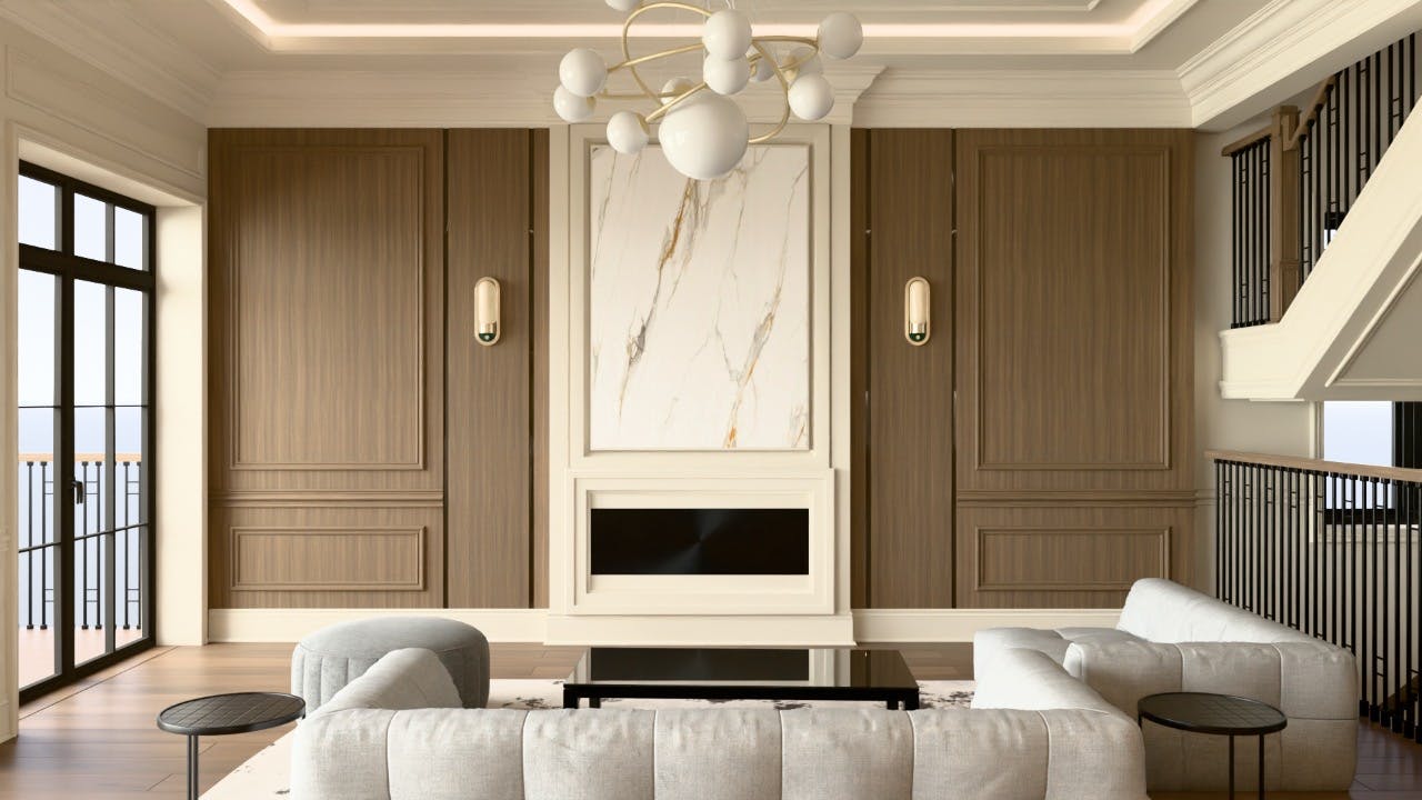 Bright living room with minimalist furniture, neutral tones, and soft natural lighting creating a warm, elegant atmosphere.