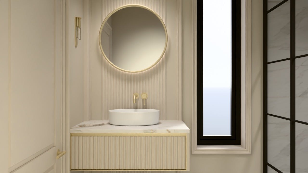 Minimalist guest bathroom with modern tile, clear surfaces, and bright, clean finishes for a fresh, refined look.