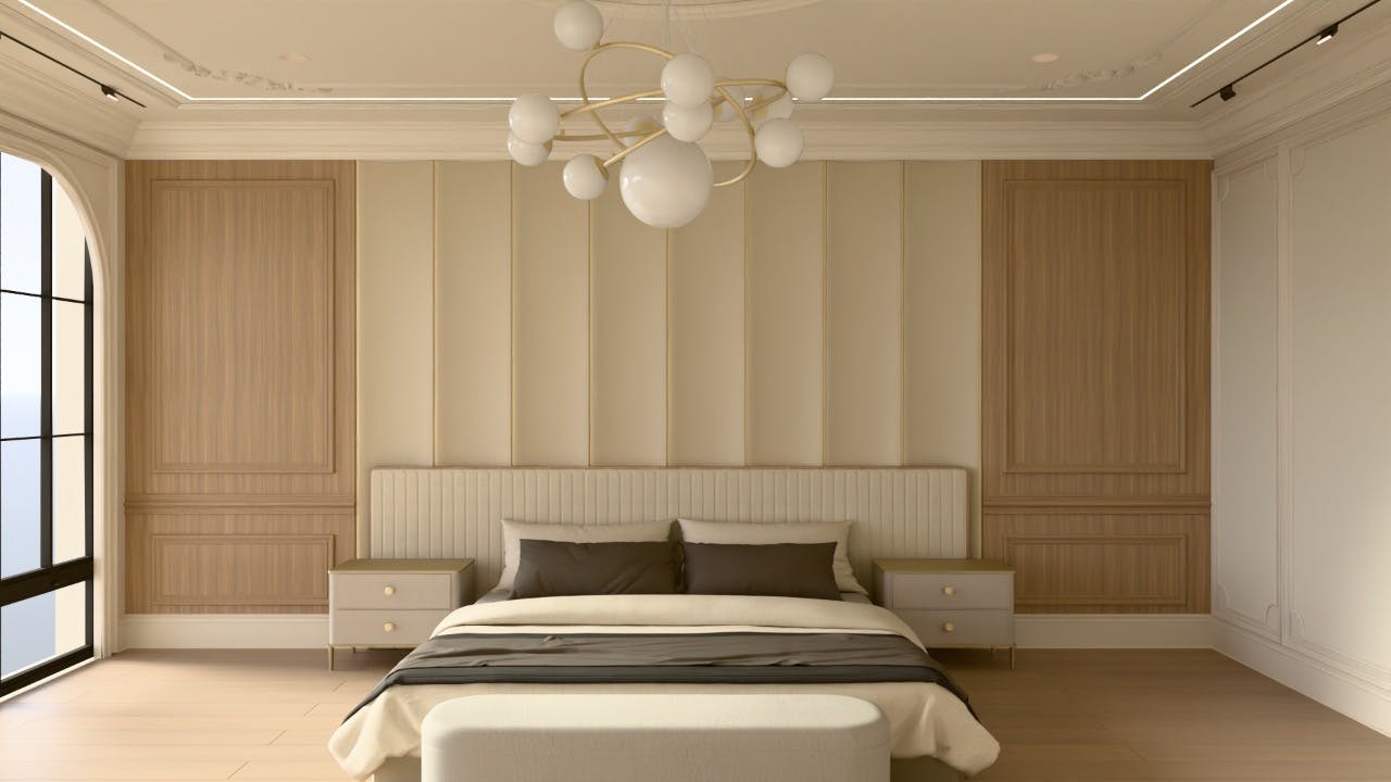 Serene primary bedroom featuring muted colors, minimal décor, and soft textures for a peaceful and spacious retreat.