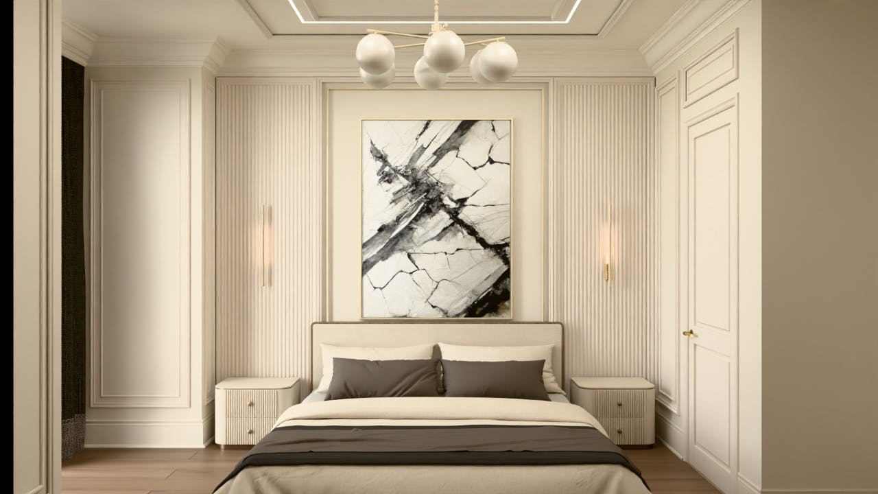 Cozy guest bedroom with simple furnishings, warm lighting, and a balanced, uncluttered design for welcoming comfort.