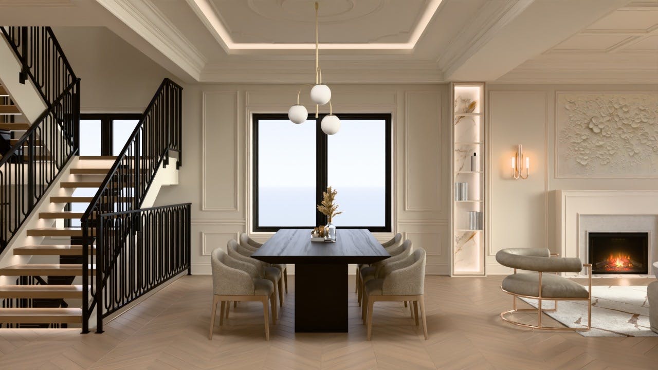 Elegant dining room with a simple table setting, natural materials, and warm lighting creating a relaxed yet refined ambiance.