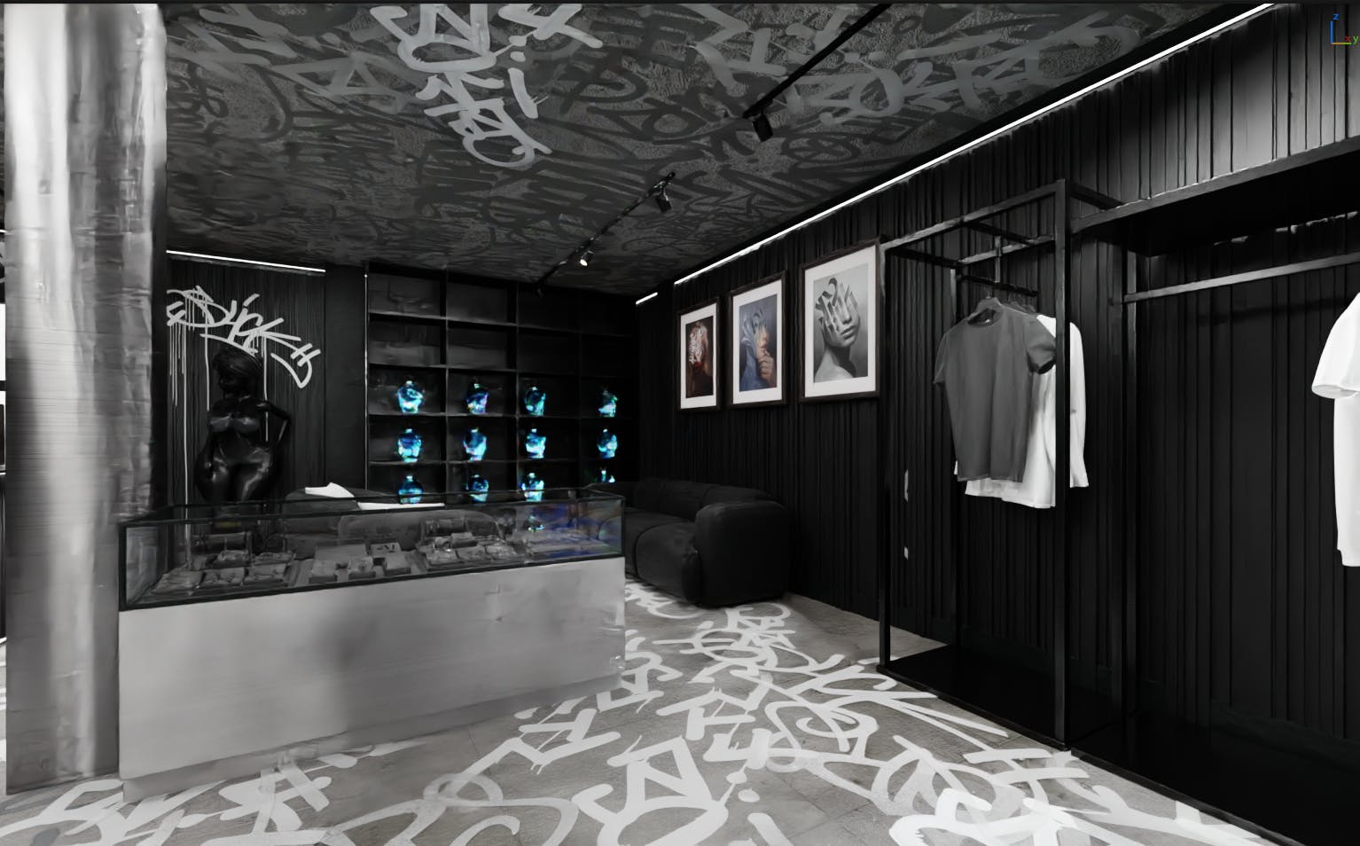 Tattoo merchandise shopping area featuring black display racks, white walls, and dynamic color bursts from street-art graphics.