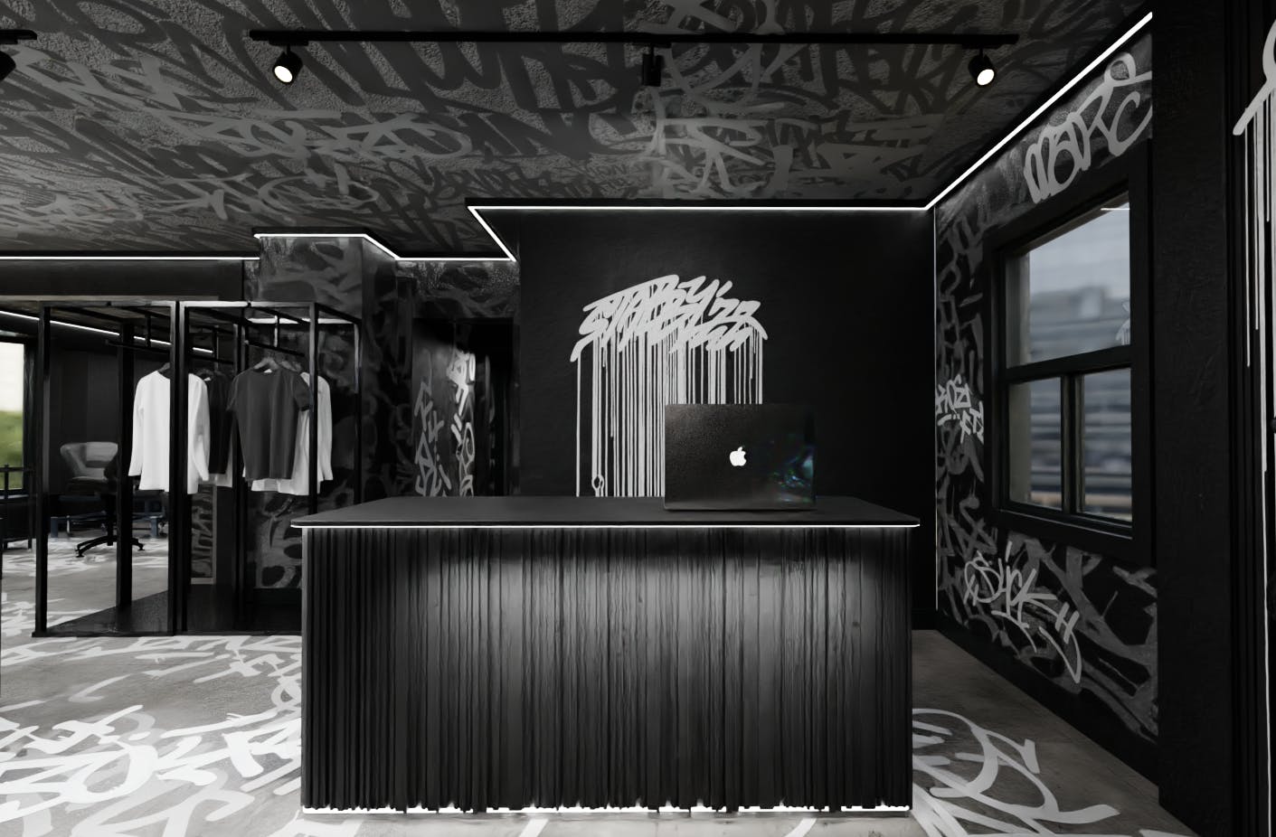 High-contrast black-and-white reception area with bold lines, minimalist counter, and graffiti accents introducing the studio’s street-art theme.
