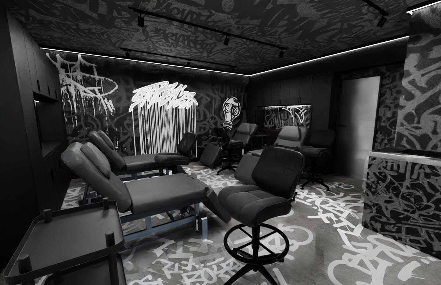 Spacious tattoo operating area with clean black stations, white walls, and pops of bold color from graffiti artwork for an energetic creative workspace.