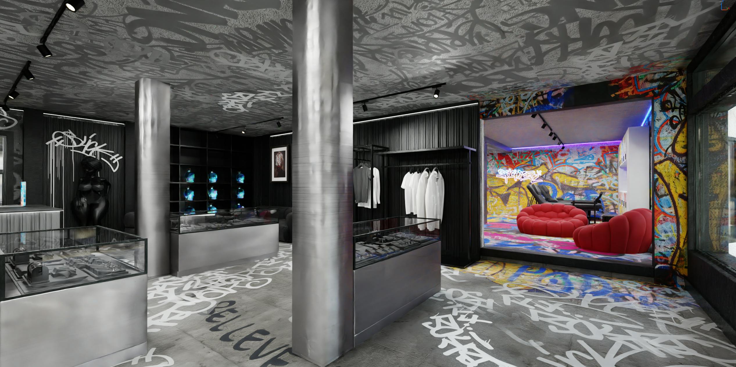 Tattoo studio interior showcasing a bold mix of black-and-white contrasts blended with vibrant graffiti colors, featuring street-art murals, industrial textures, and a dynamic urban atmosphere.