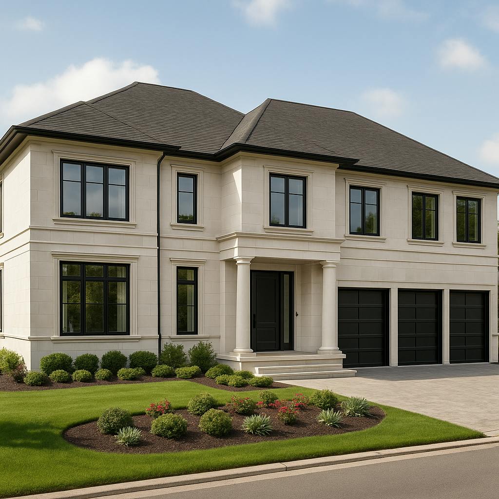 Modern home exterior with creamy-white finishes, light wood accents, and clean architectural lines for a warm, minimalist look.