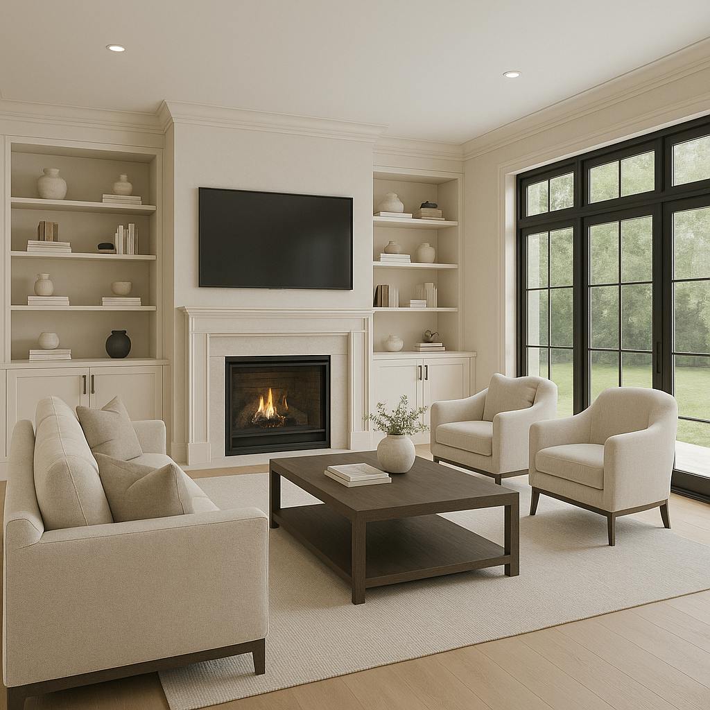 Minimalist living room with soft cream tones, light wood textures, and large windows providing natural warmth.