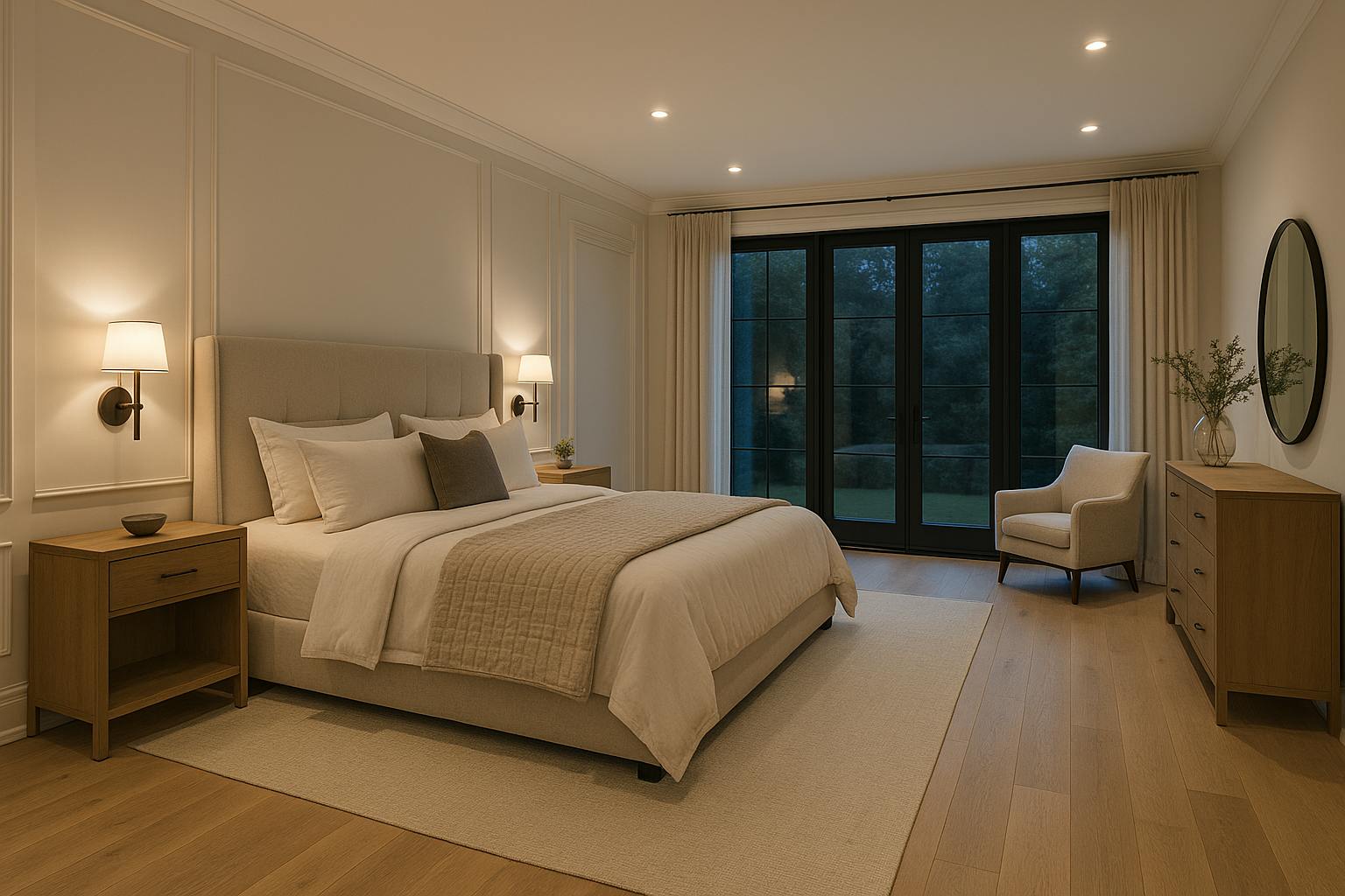 Cozy bedroom with cream walls, light wood furniture, and simple décor creating a calm, airy atmosphere.