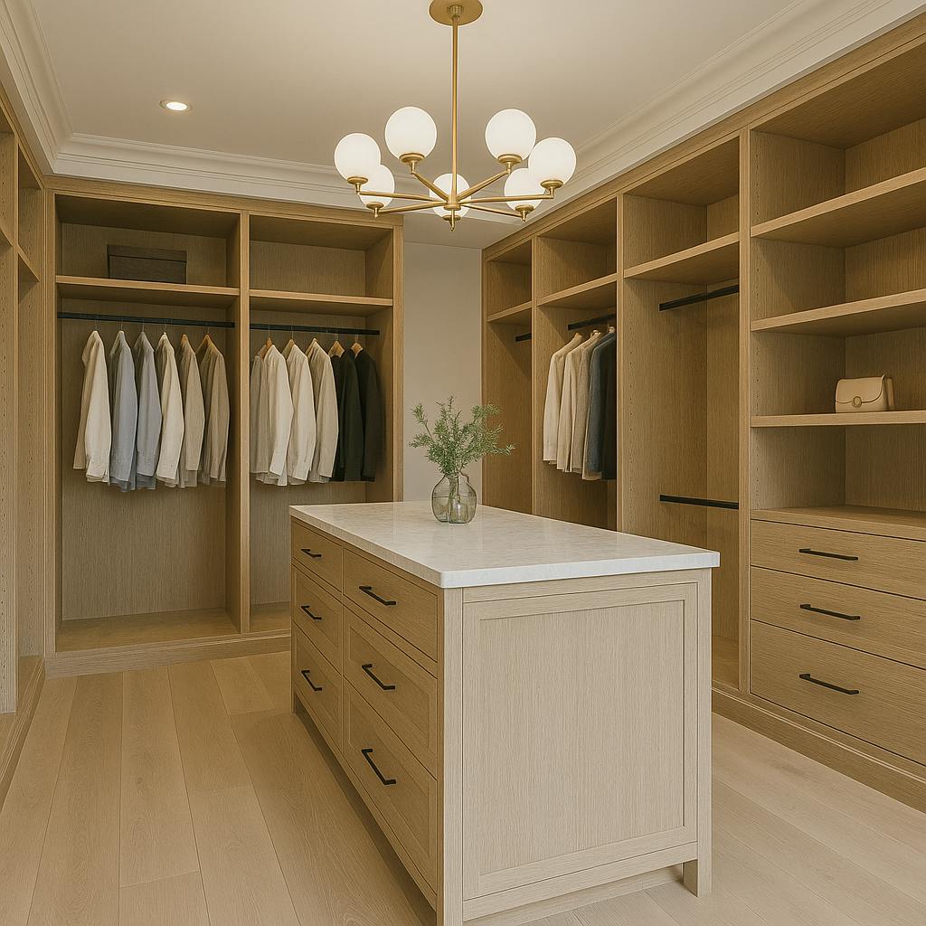 Elegant walk-in closet with light wood shelving, soft lighting, and a clean, organized minimalist design.