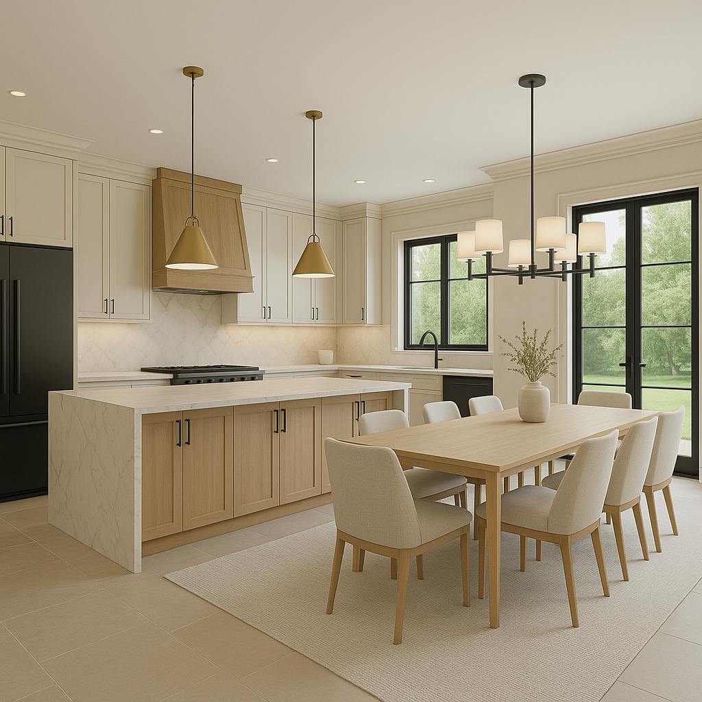 Bright open-concept kitchen featuring creamy-white cabinetry, light wood details, and a spacious minimalist layout.