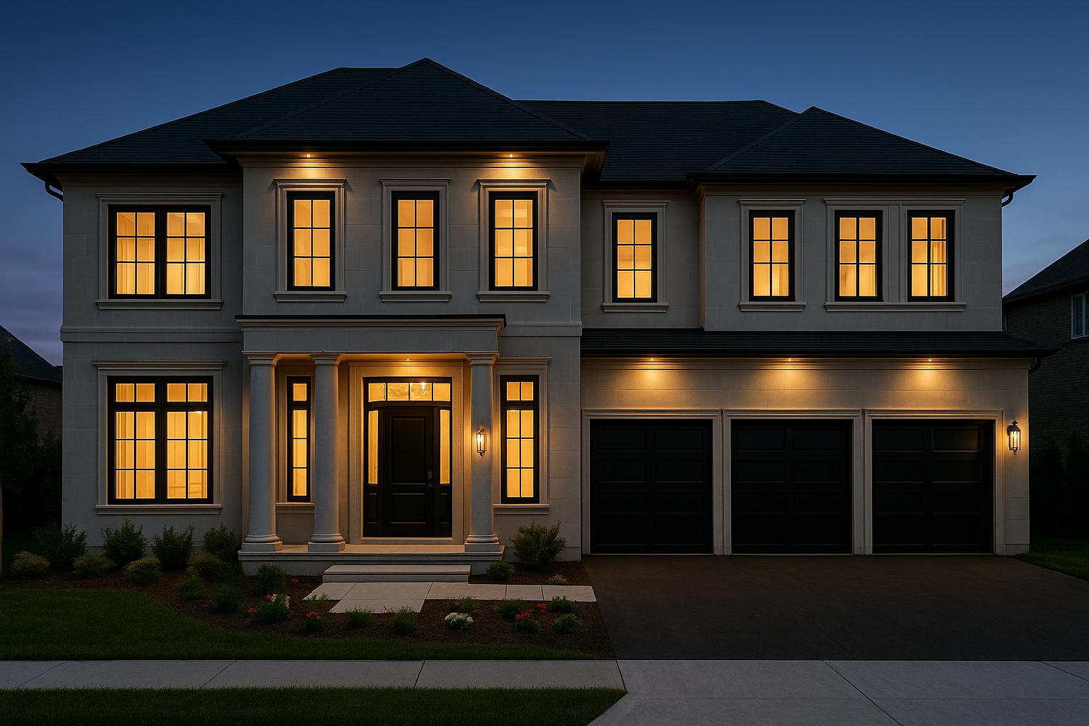 Creamy-white modern home exterior illuminated with warm ambient lighting, highlighting light wood accents and clean architectural lines against the night backdrop.