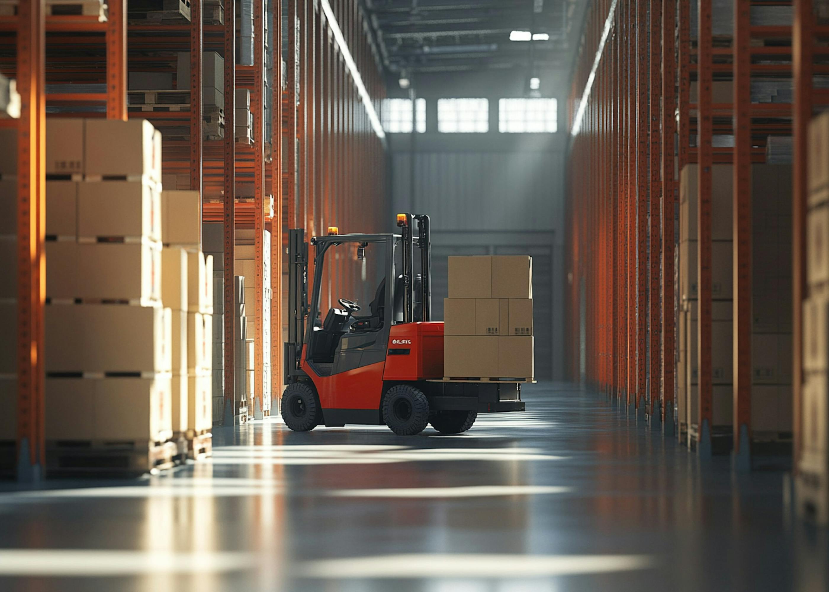 A forklift transporting a stack of boxes through a well-organized warehouse with tall shelves and soft lighting.