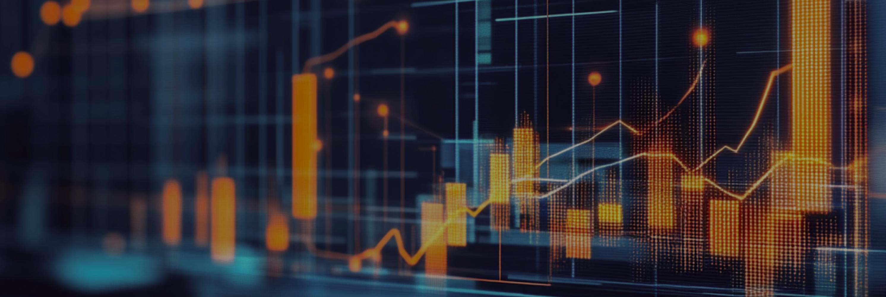 Digital chart with glowing orange data points and financial graphs.