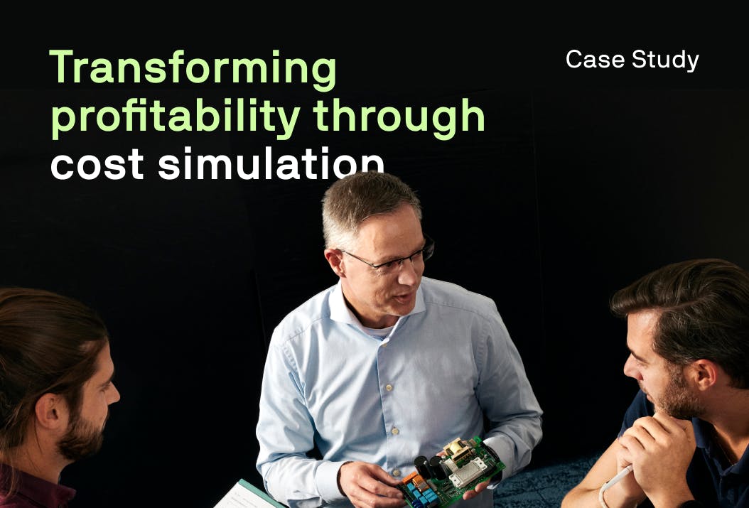 Three professionals discussing a cost simulation case study, with one person holding a circuit board, while the text 'Transforming profitability through cost simulation' is displayed.