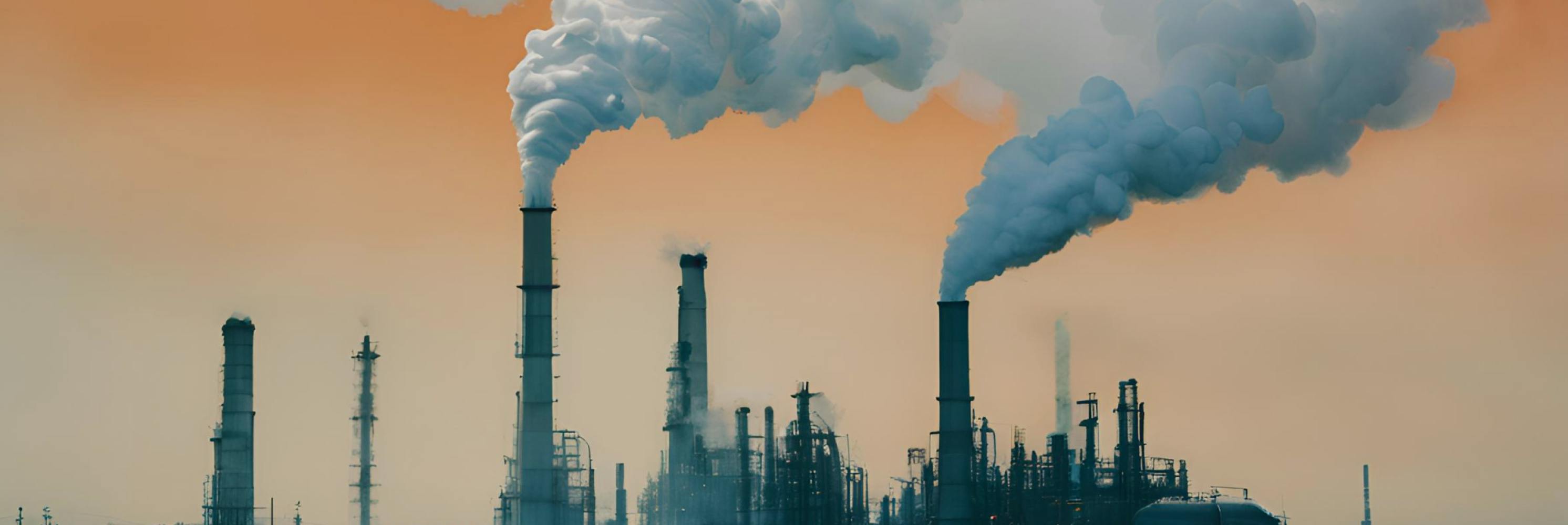 A factory with multiple smokestacks emitting blue smoke against an orange sky, illustrating industrial pollution and environmental concerns.