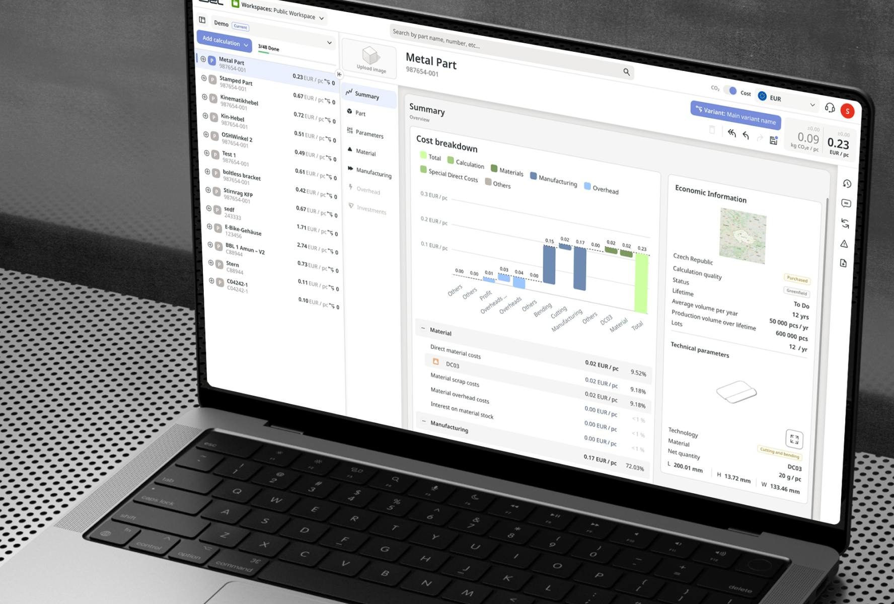 Cost breakdown dashboard for a metal part displayed on a laptop screen, showing detailed cost analysis and economic information.
