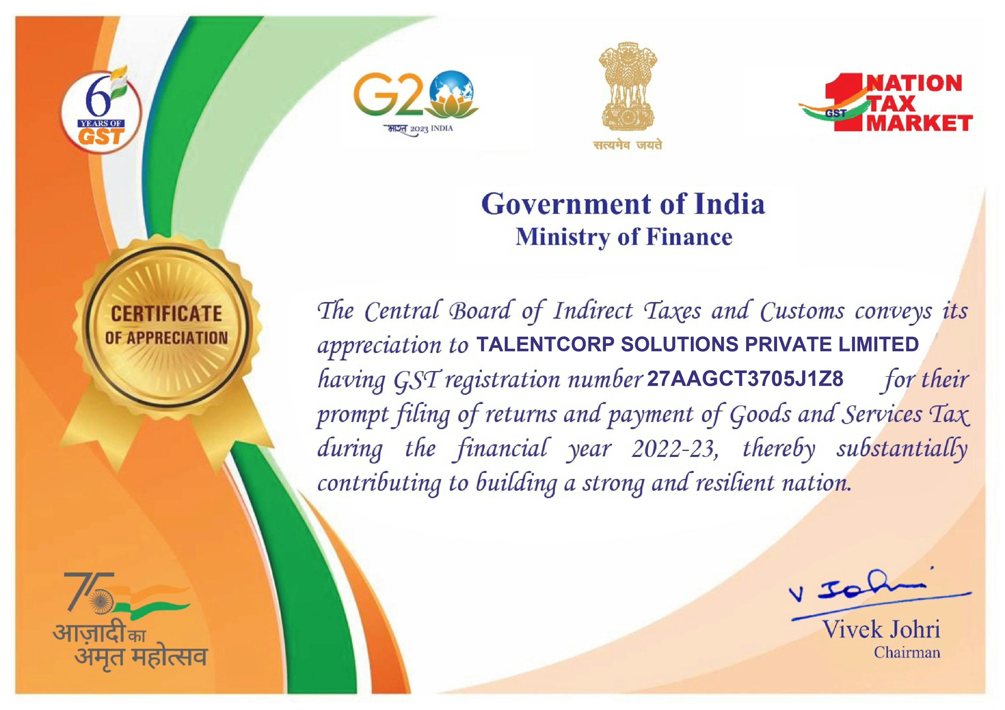 TSPL Group Awarded Certificate of Appreciation for Exemplary GST Compliance