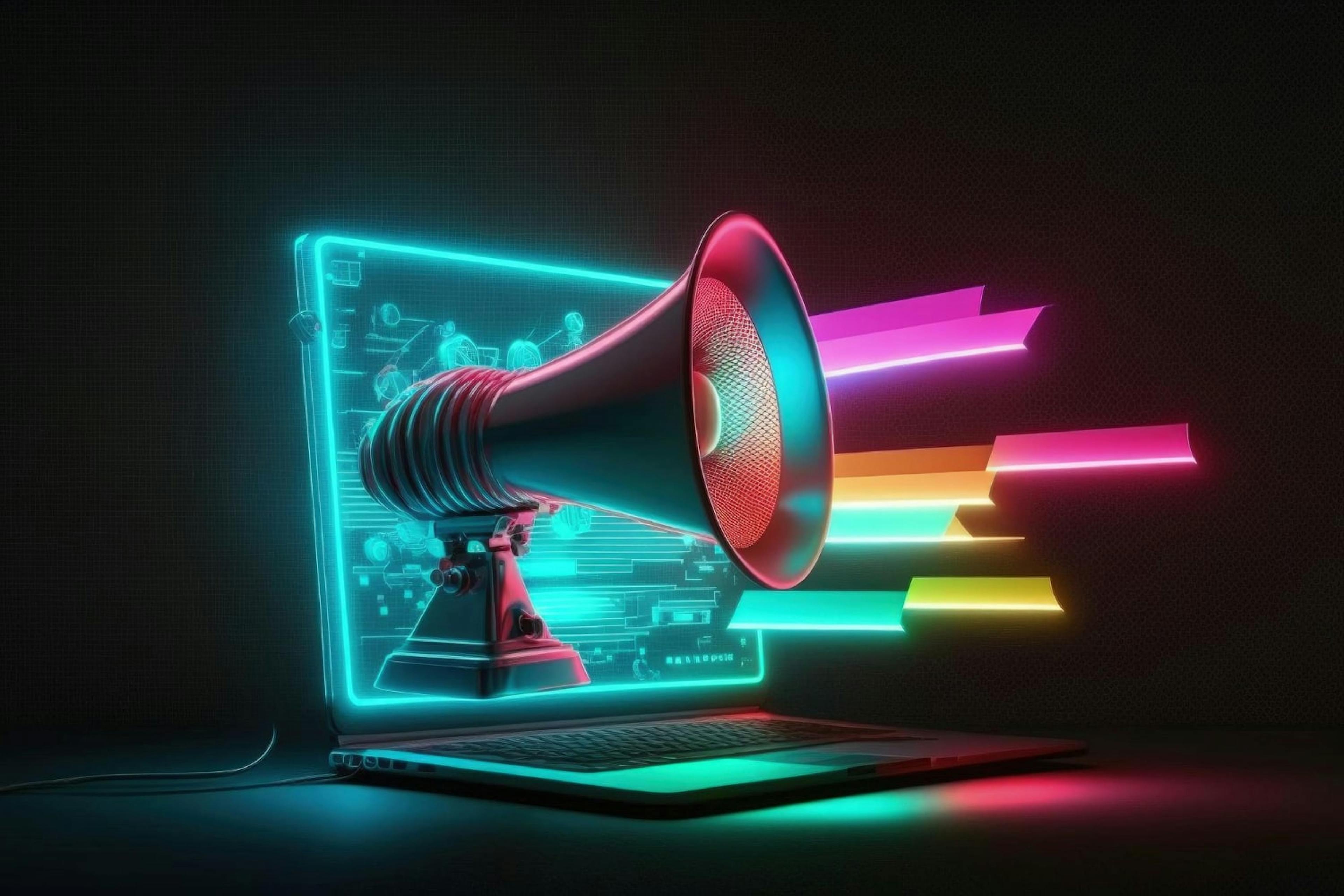 Graphic of a megaphone coming from a laptop screen to represent digital marketing