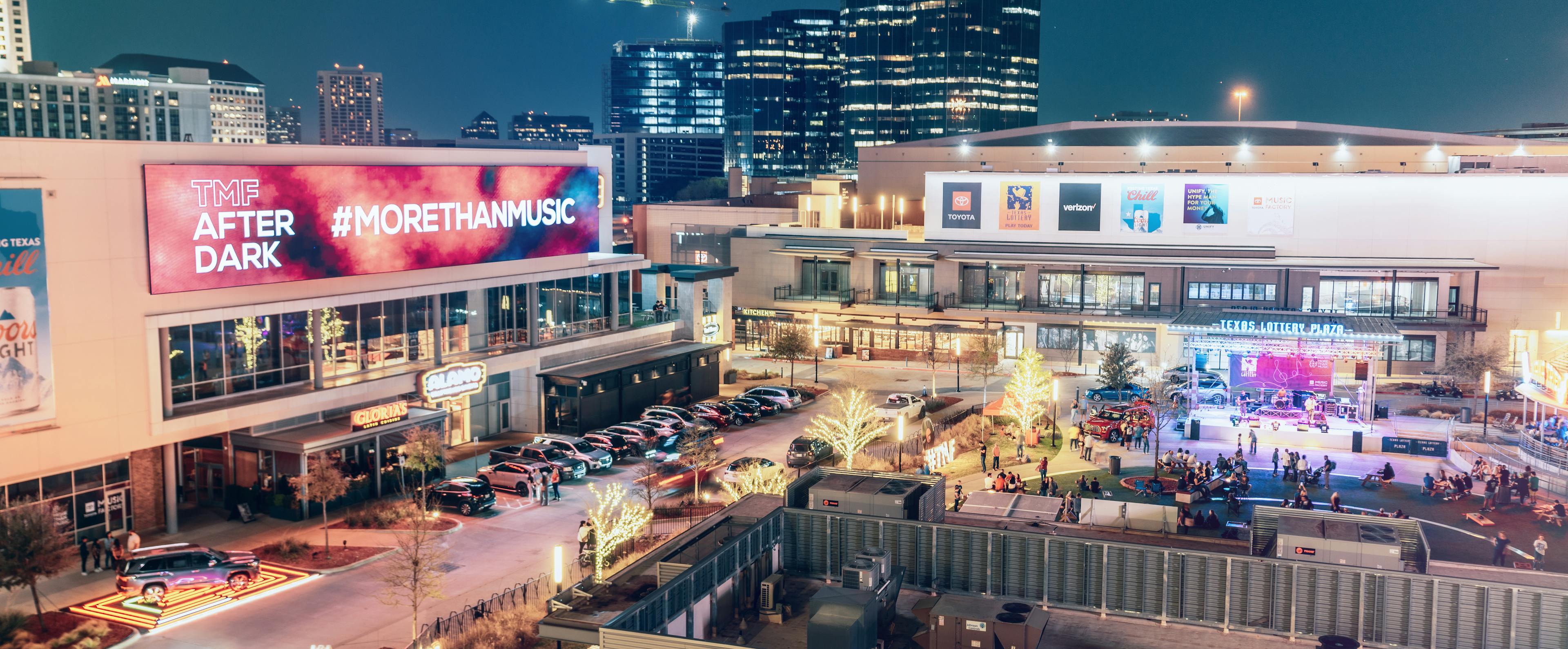 Toyota Music Factory panoramic view at night