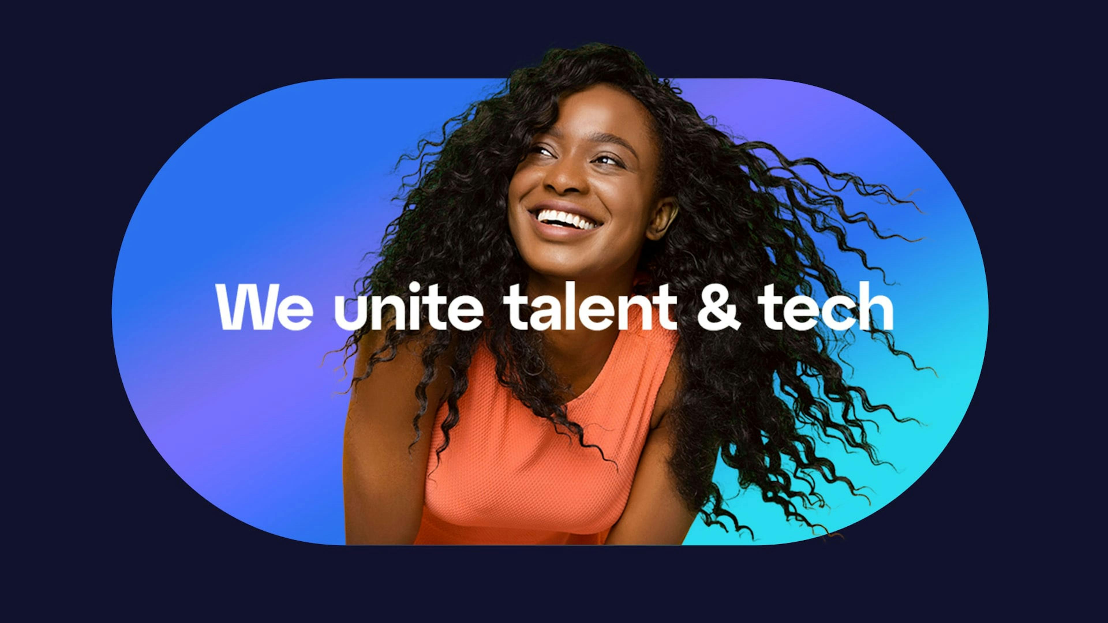 Woman featured against a blue background beside the text "We unite talent & tech," representing the Catapult Solutions Group's brand.