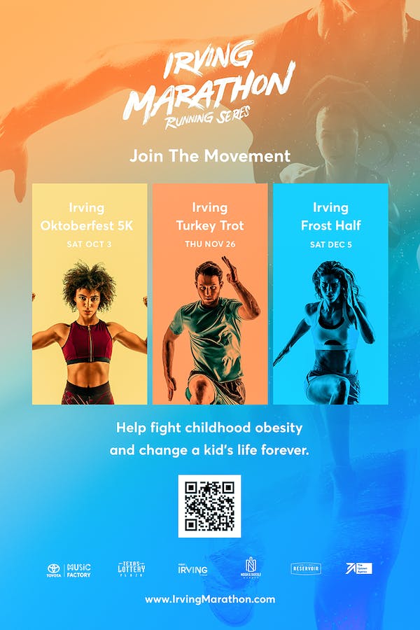 Irving Marathon event calendar featuring images of runners and a QR code at the bottom of the calendar