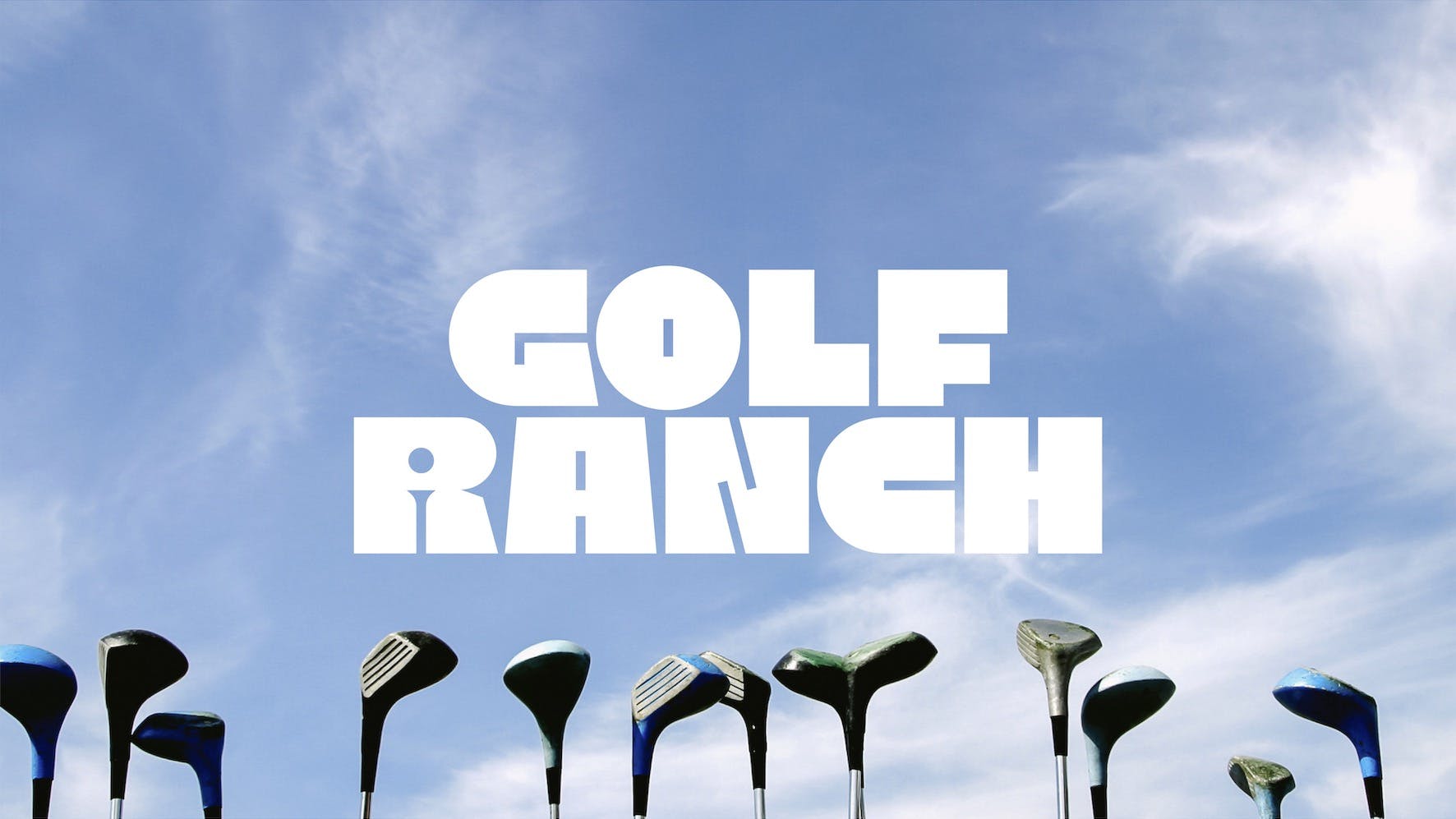 Golf Ranch typeface on a blue sky background with golf clubs