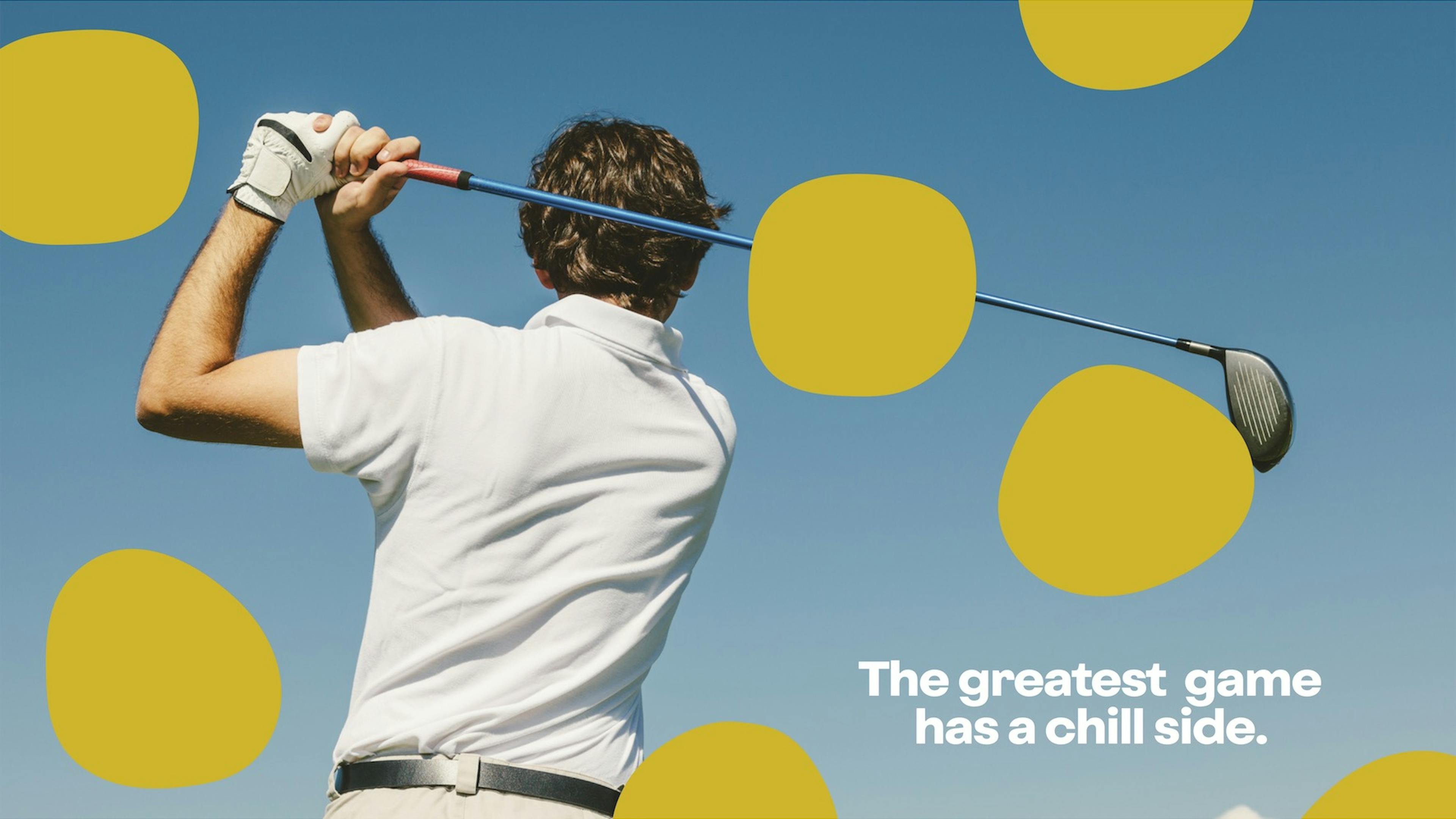 Golf Ranch brand guideline slide, man swinging golf club with text reading "the greatest game as a chill side."