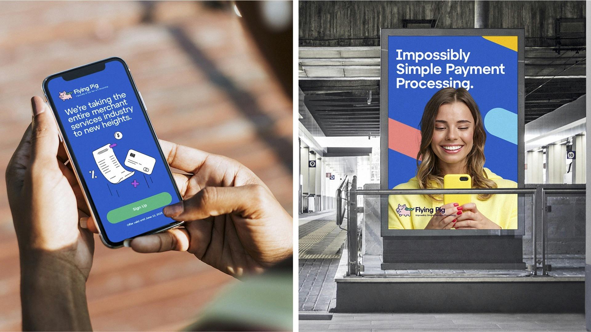 Mockups of out of home marketing placements for Flying Pig payment processing