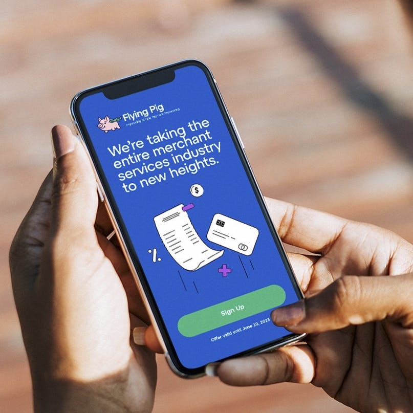 Flying Pig mobile app screen and digital advertisement mockups