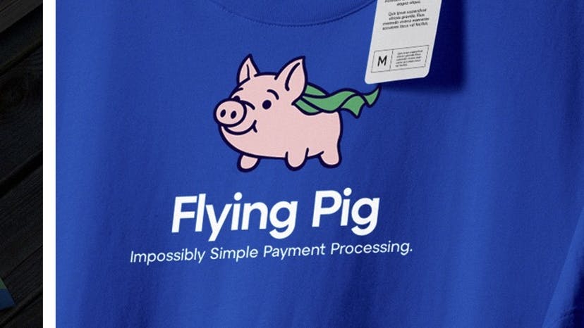 Tote bag and t-shirt mockup images featuring the Flying Pig logo and brand colors