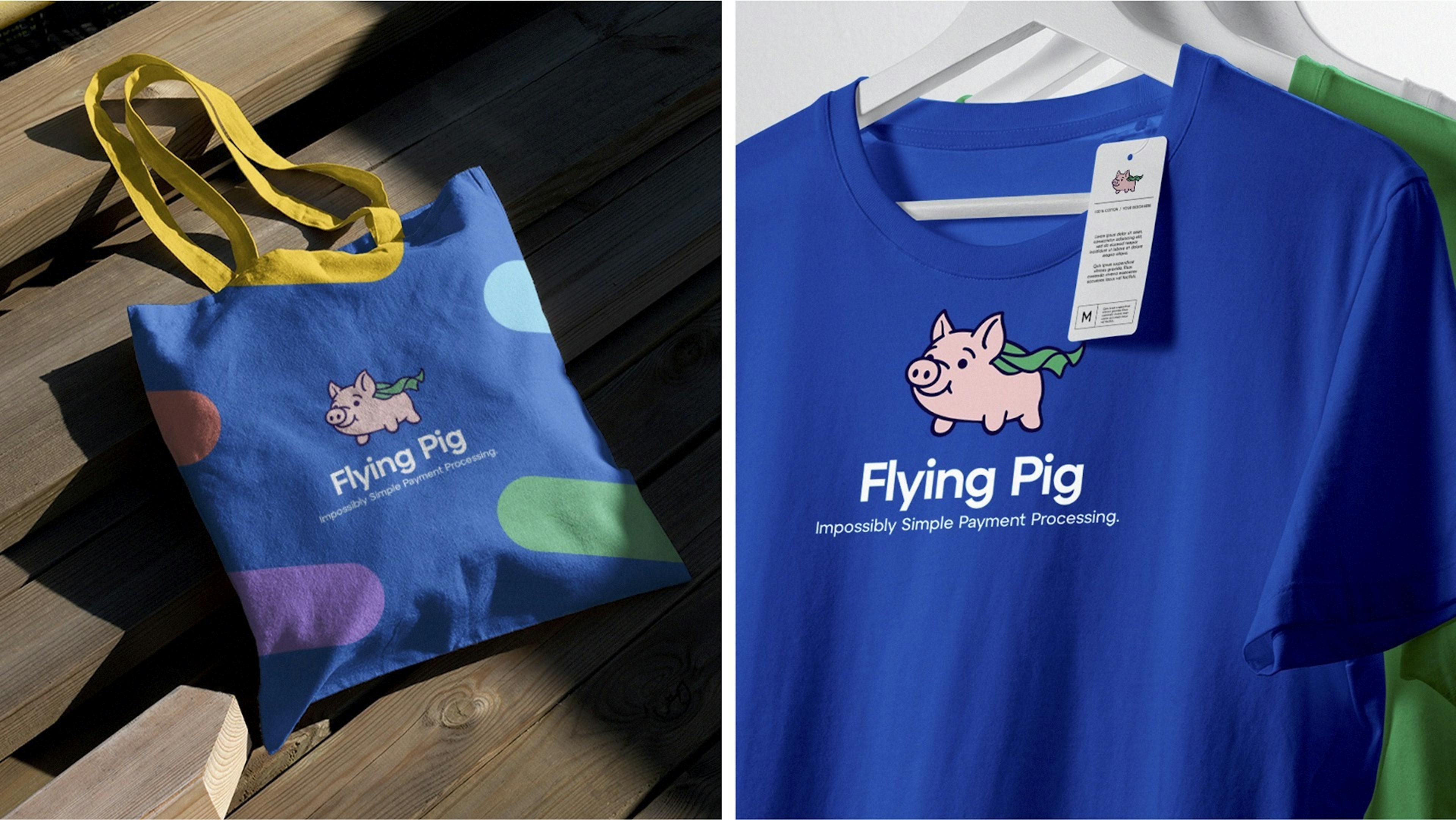 Tote bag and t-shirt mockup images featuring the Flying Pig logo and brand colors