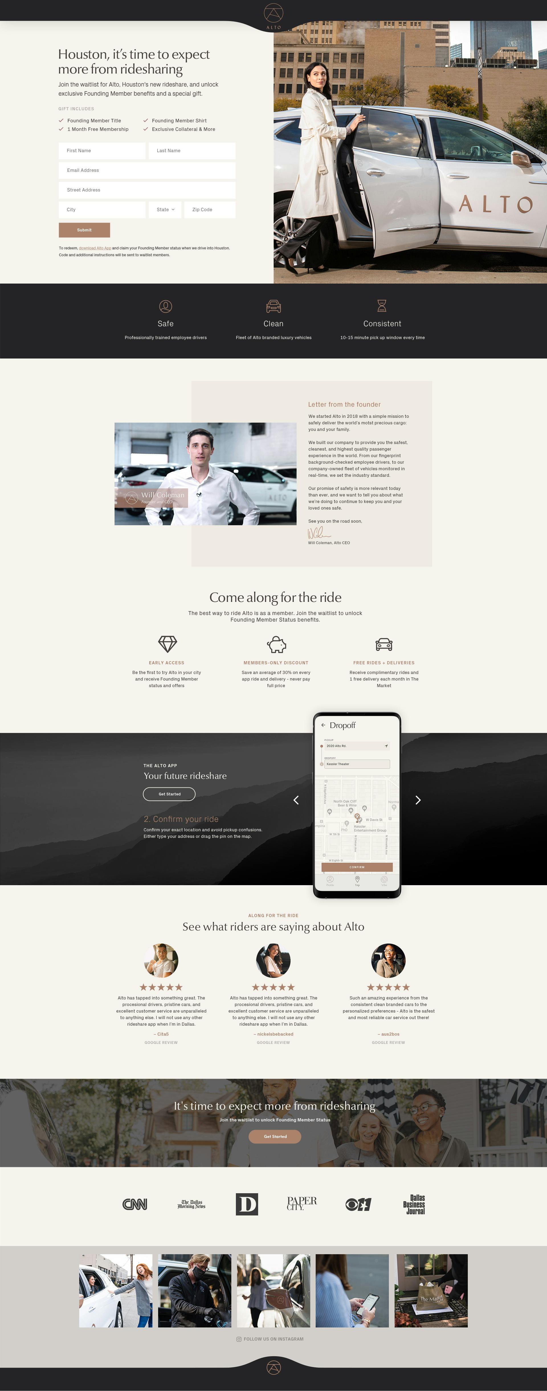 Alto rideshare website landing page design