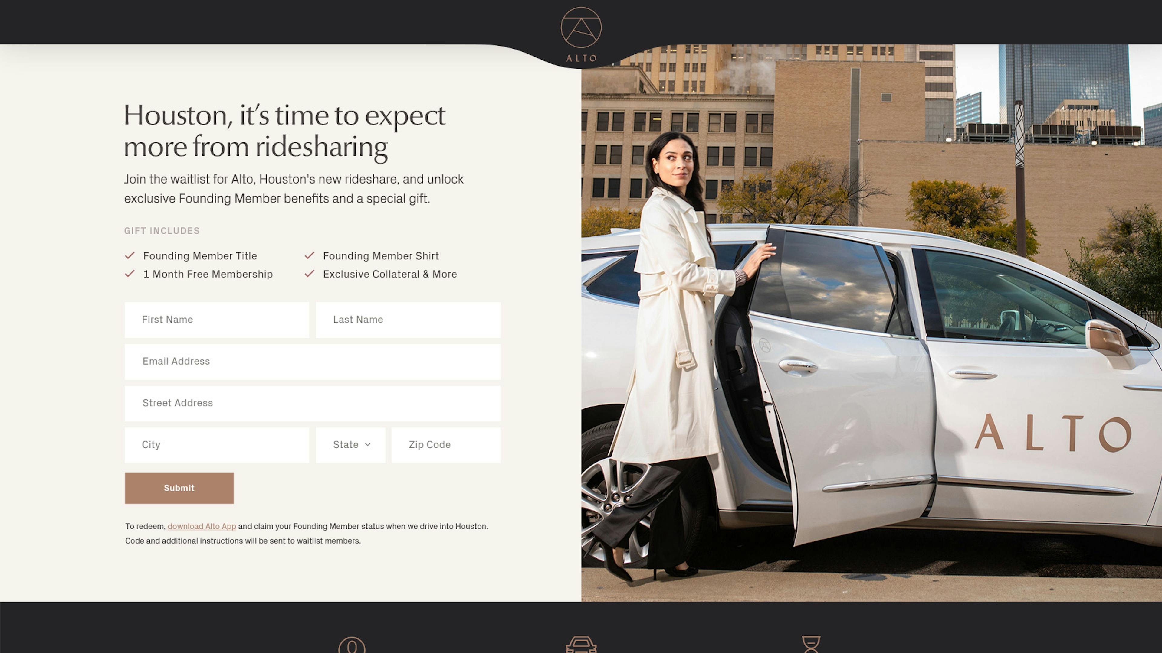 Alto rideshare website landing page design