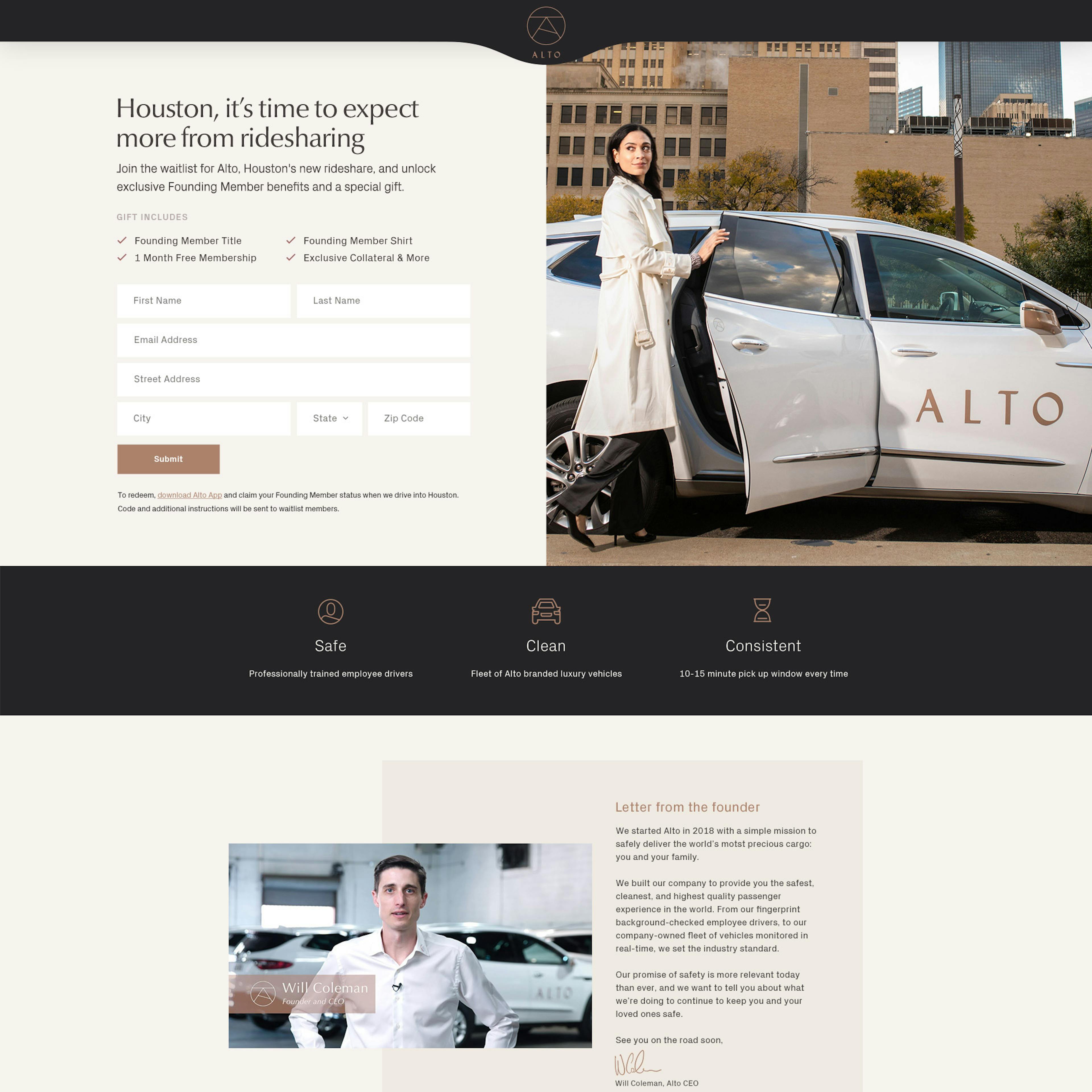 Alto rideshare website landing page design