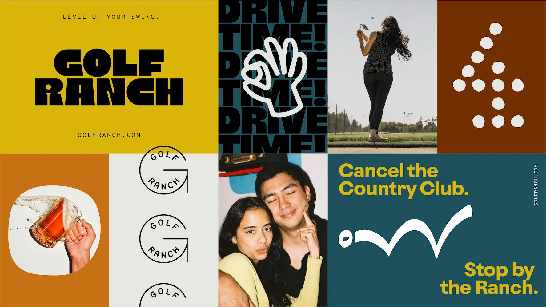 Golf Ranch brand identity sheet featuring imagery, photography, and ad copy
