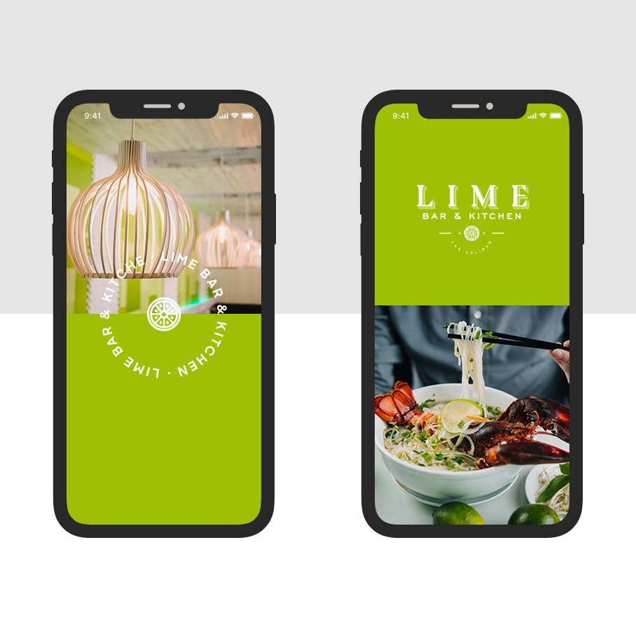 Lime Bar and Kitchen brand sheet featuring mockups for mobile app