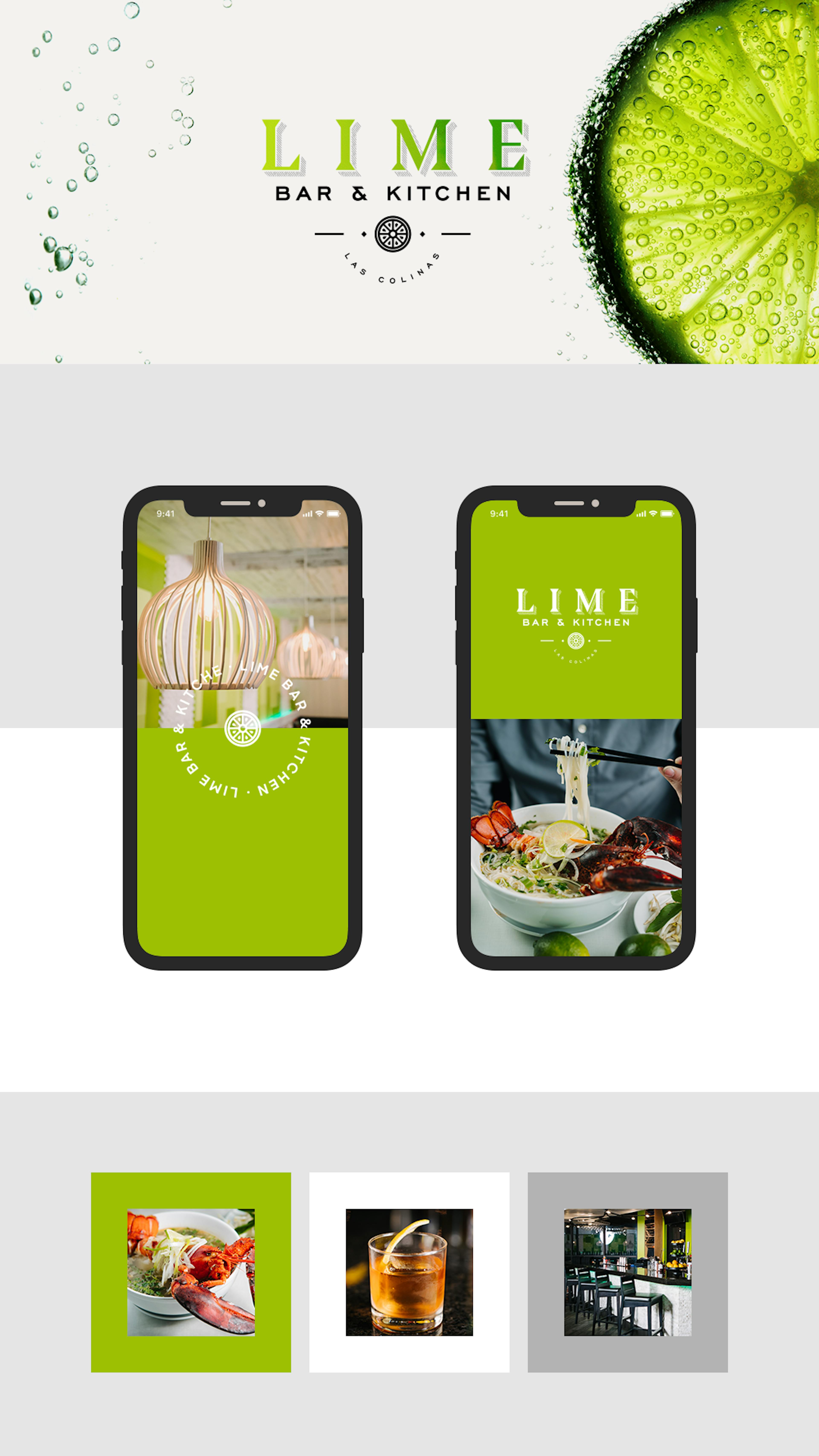 Lime Bar and Kitchen brand sheet featuring mockups for mobile app