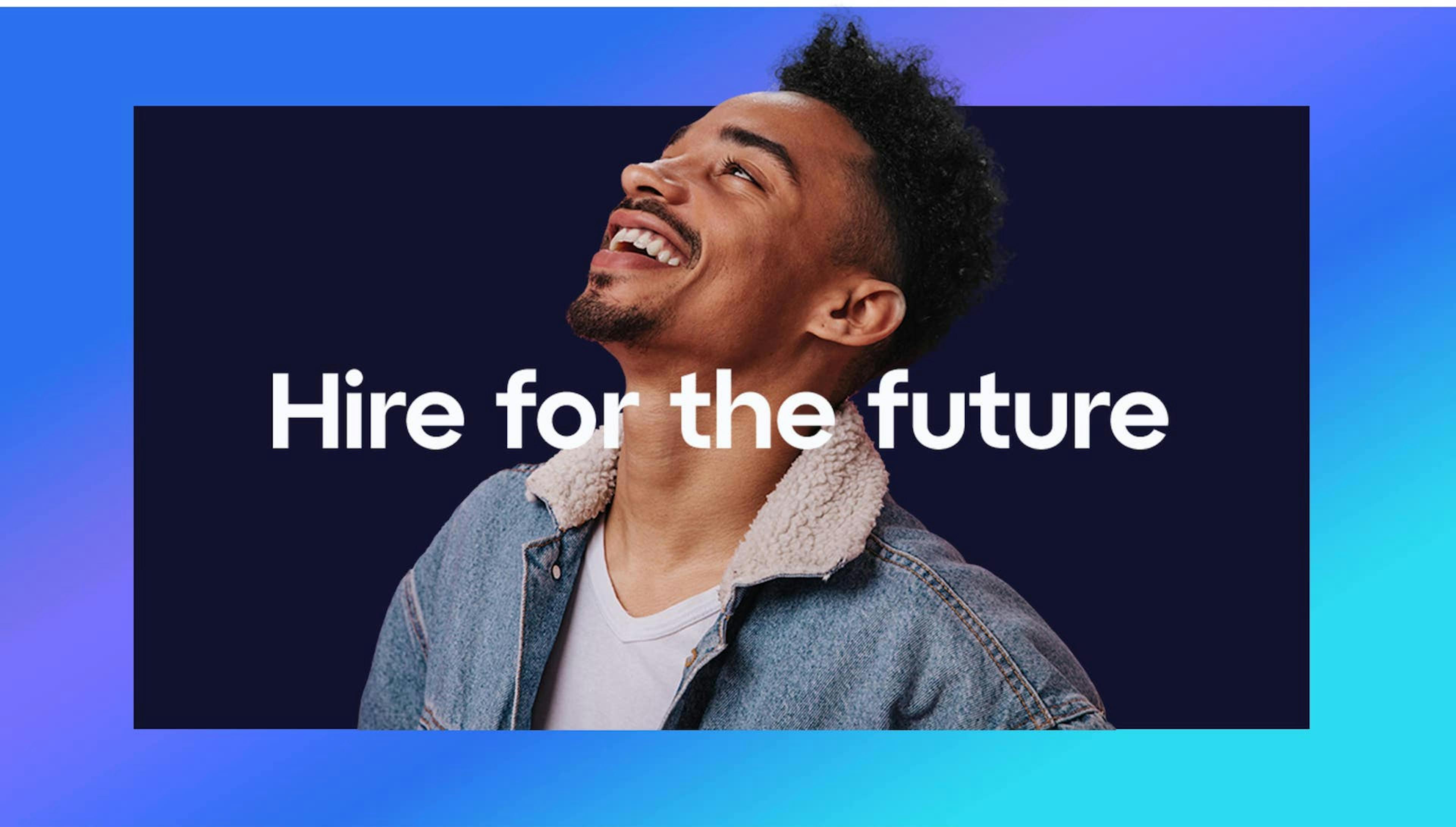 A man in a denim jacket with the slogan "Hire for the future" for Catapult Solutions Group.