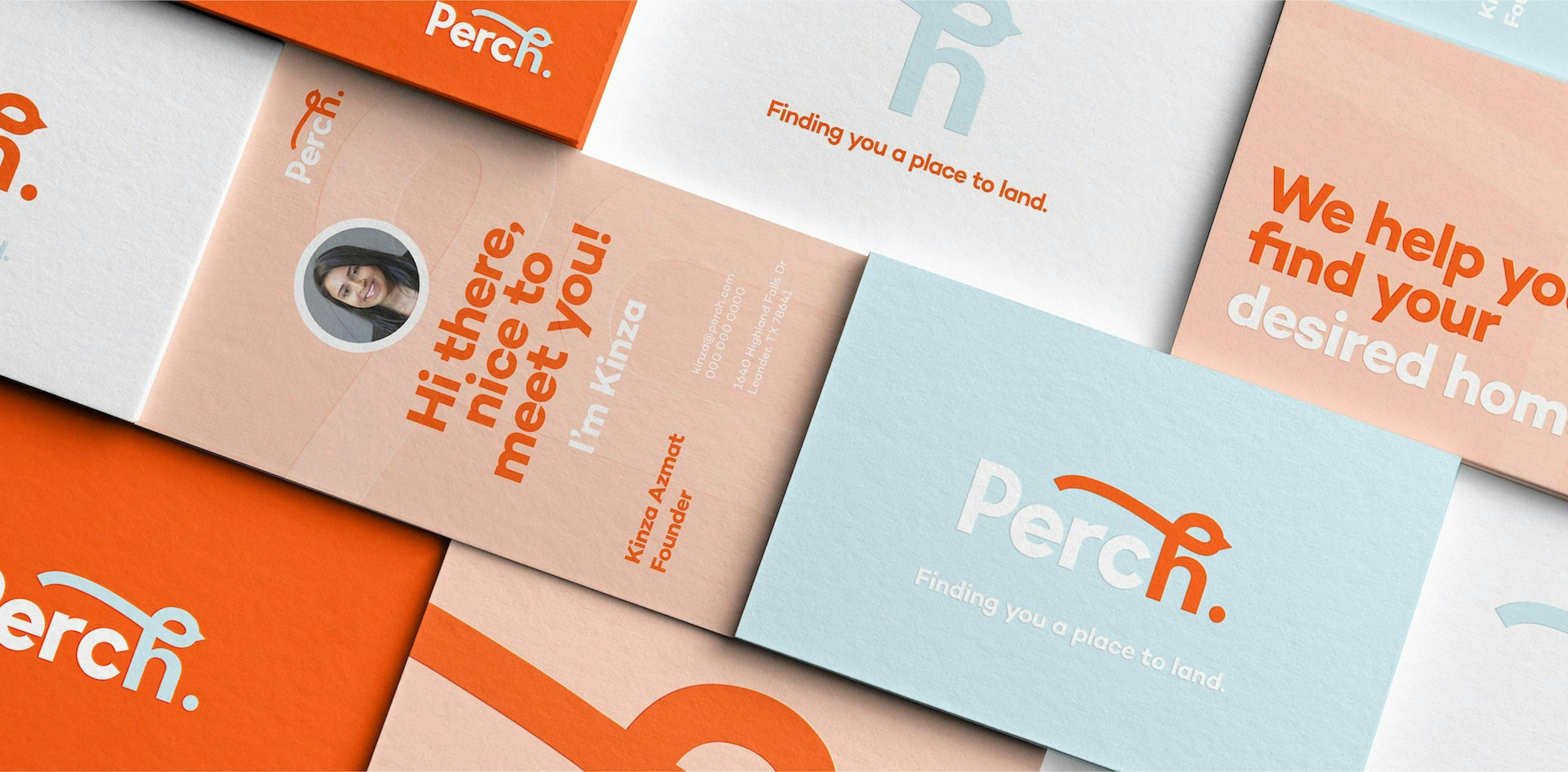A collection of Perch brand collateral, including business cards and promotional materials, featuring the company logo and contact information.