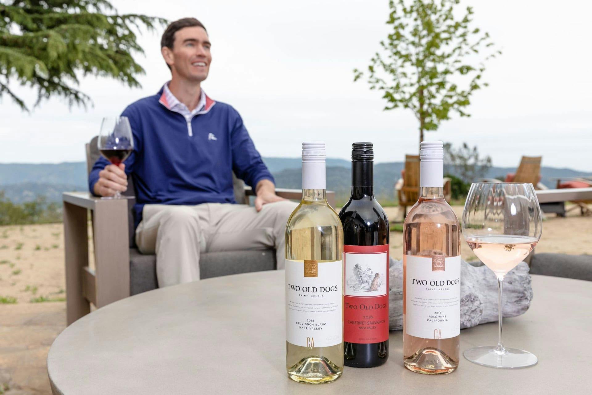 Man sits in front of a scenic view with three bottles of Two Old Dogs wine