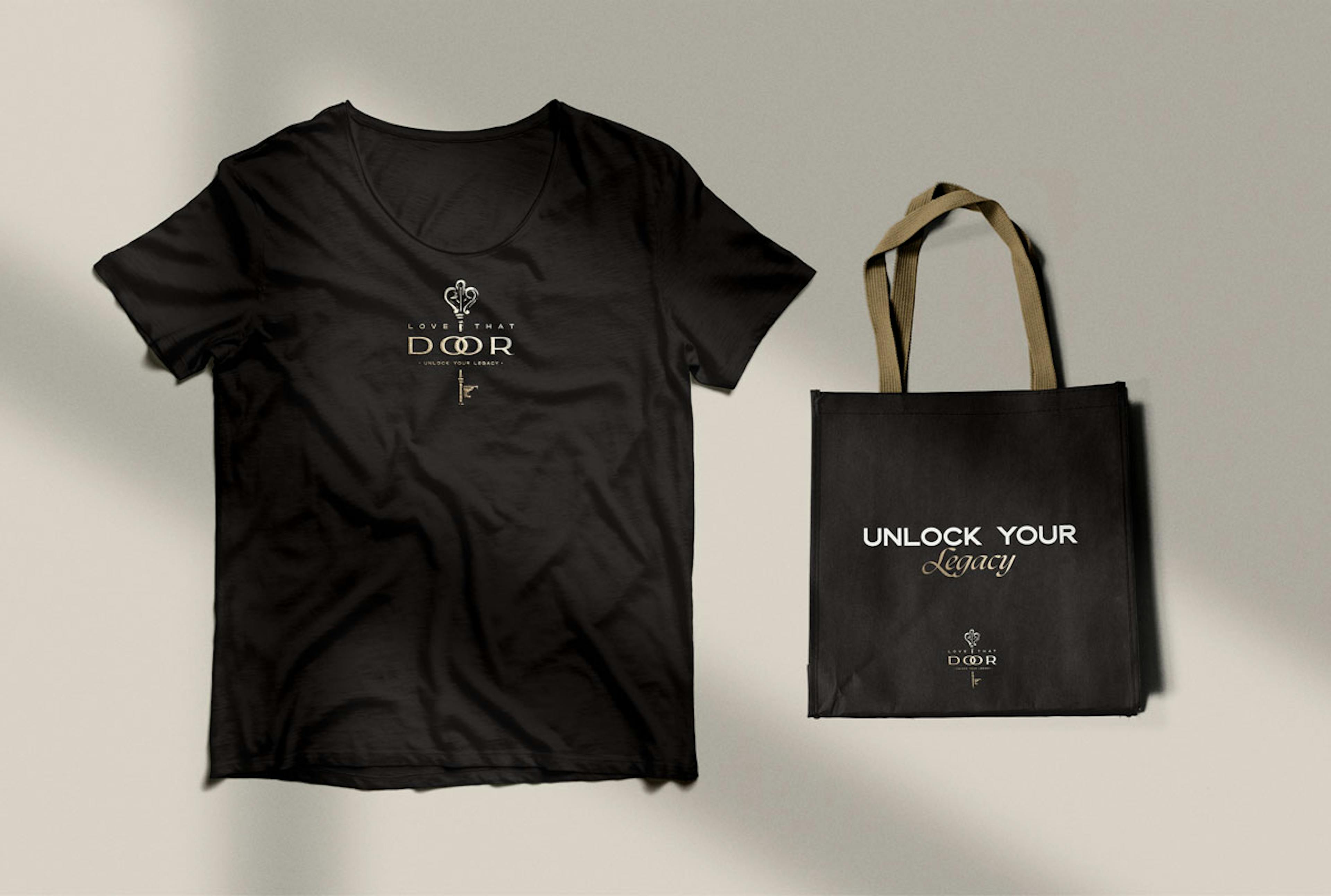 Love That Door branded t-shirt and tote bag design