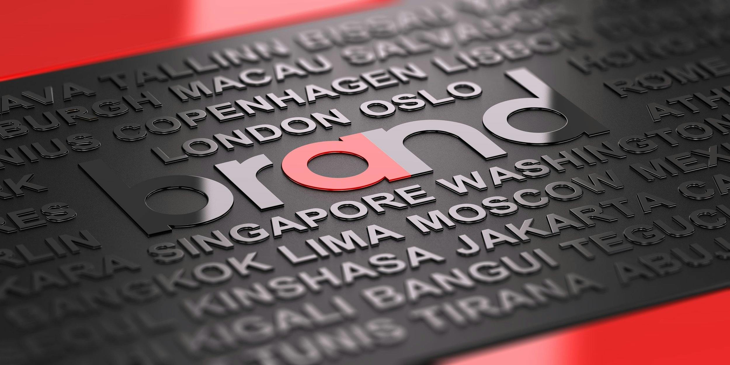 Branding: Naming, Strategy; Text board of words with BRAND highlighted
