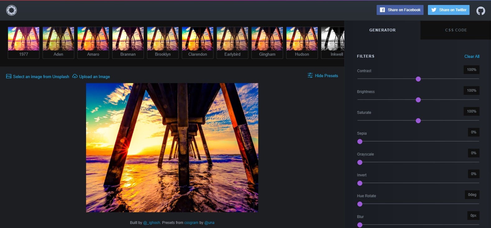 CSS filters — Instagram-like presets, filters, and gradient overlays: